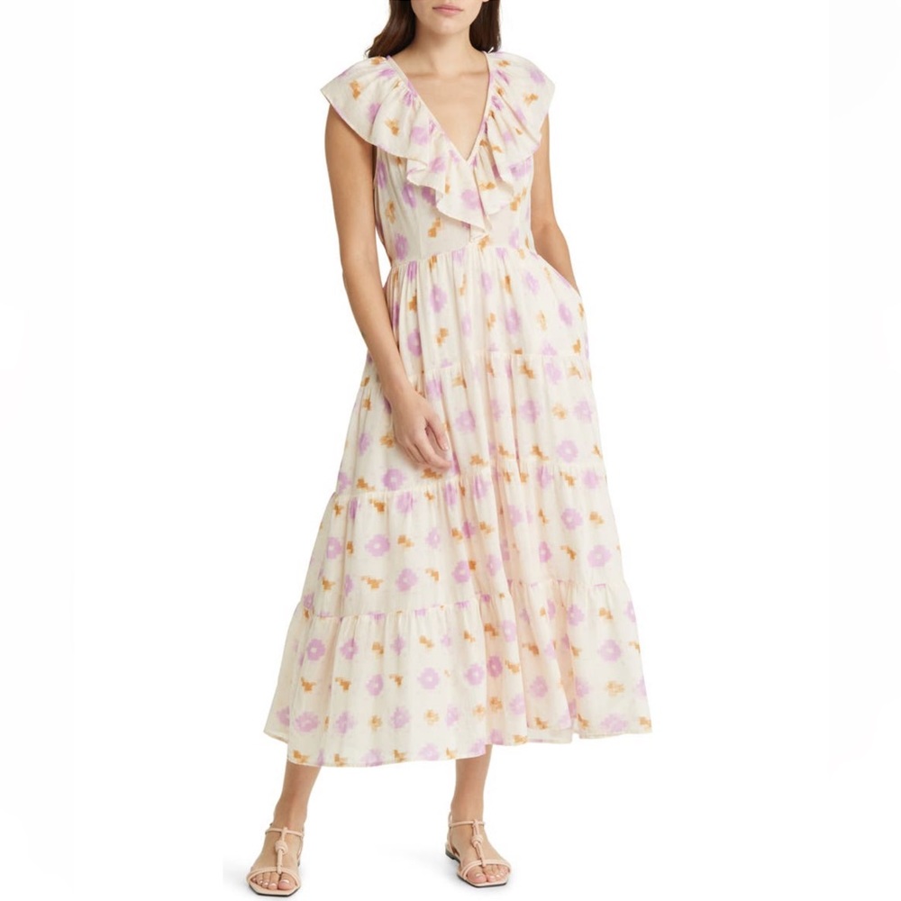 NWT✨XÍRENA Abstract Print Tiered Cotton Dress LILAC IKAT Sz Medium - Picture 3 of 17
